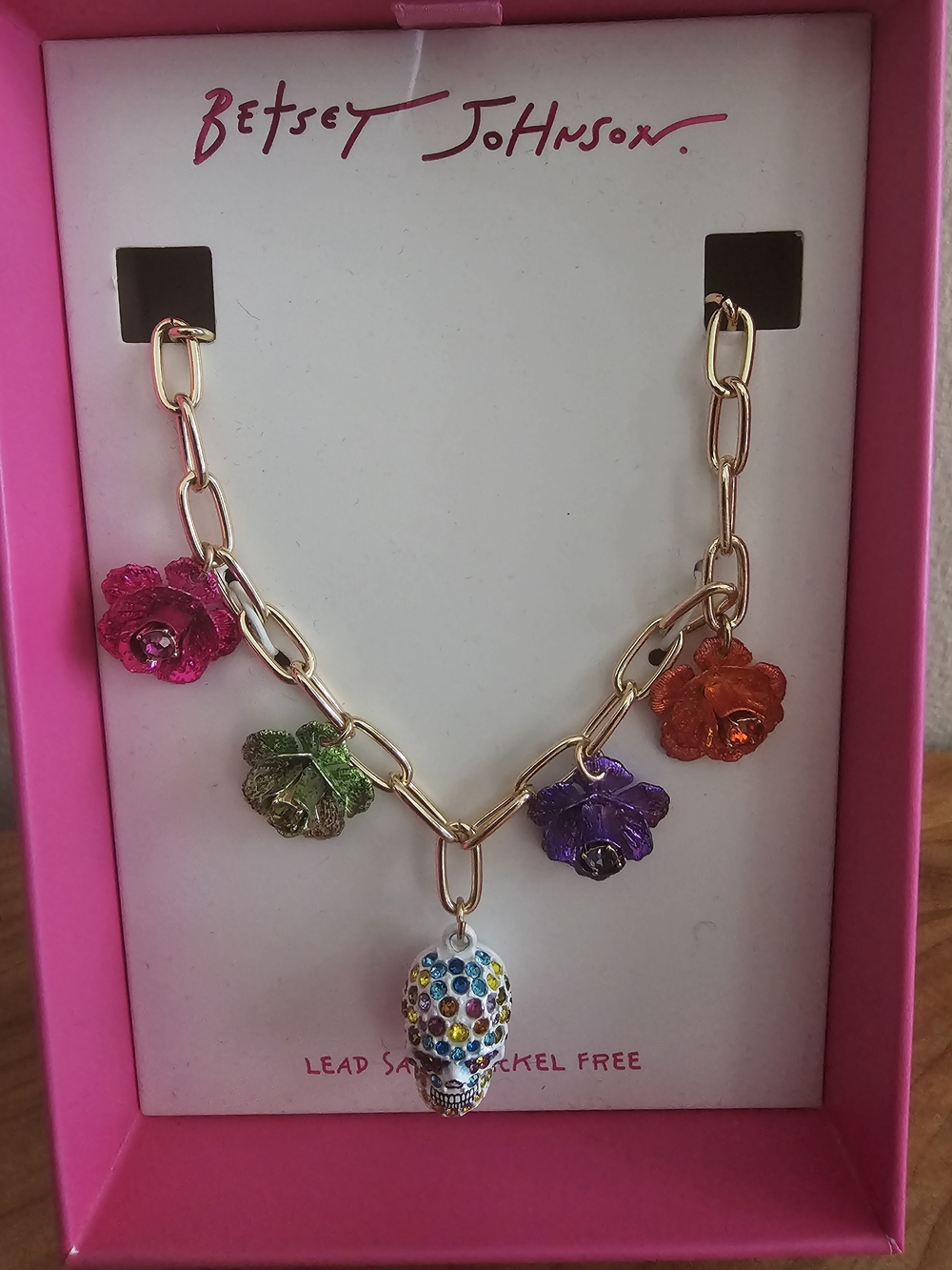 Betsey Johnson Gold-Tone Multi-Color Skull & Flower Charm Bracelet - Picture 4 of 7